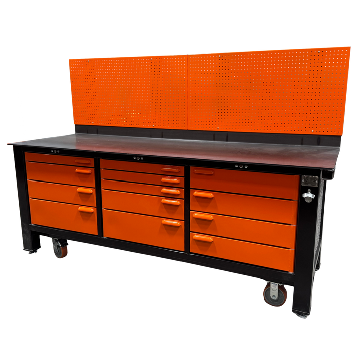 SHIPS NOW! Floor Model 3 Bay Orange and Black Workbench with Pegboard