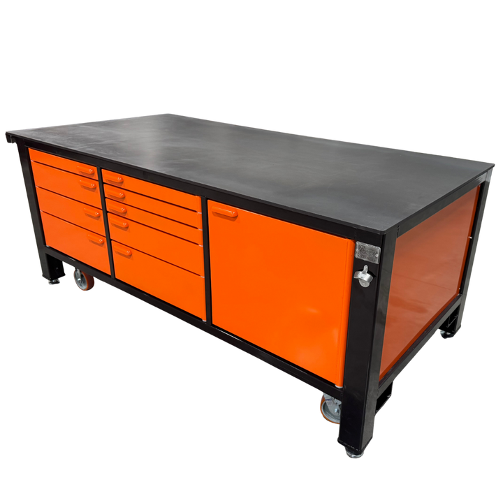 SHIPS NOW! Floor Model 3 Bay Double Wide Orange and Black Workbench
