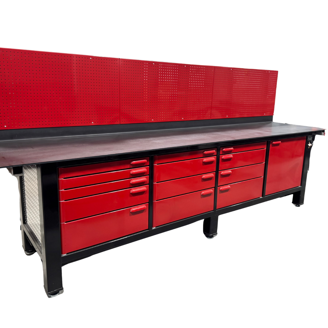 SHIPS NOW! Floor Model 4 Bay Red and Black Workbench with Pegboard