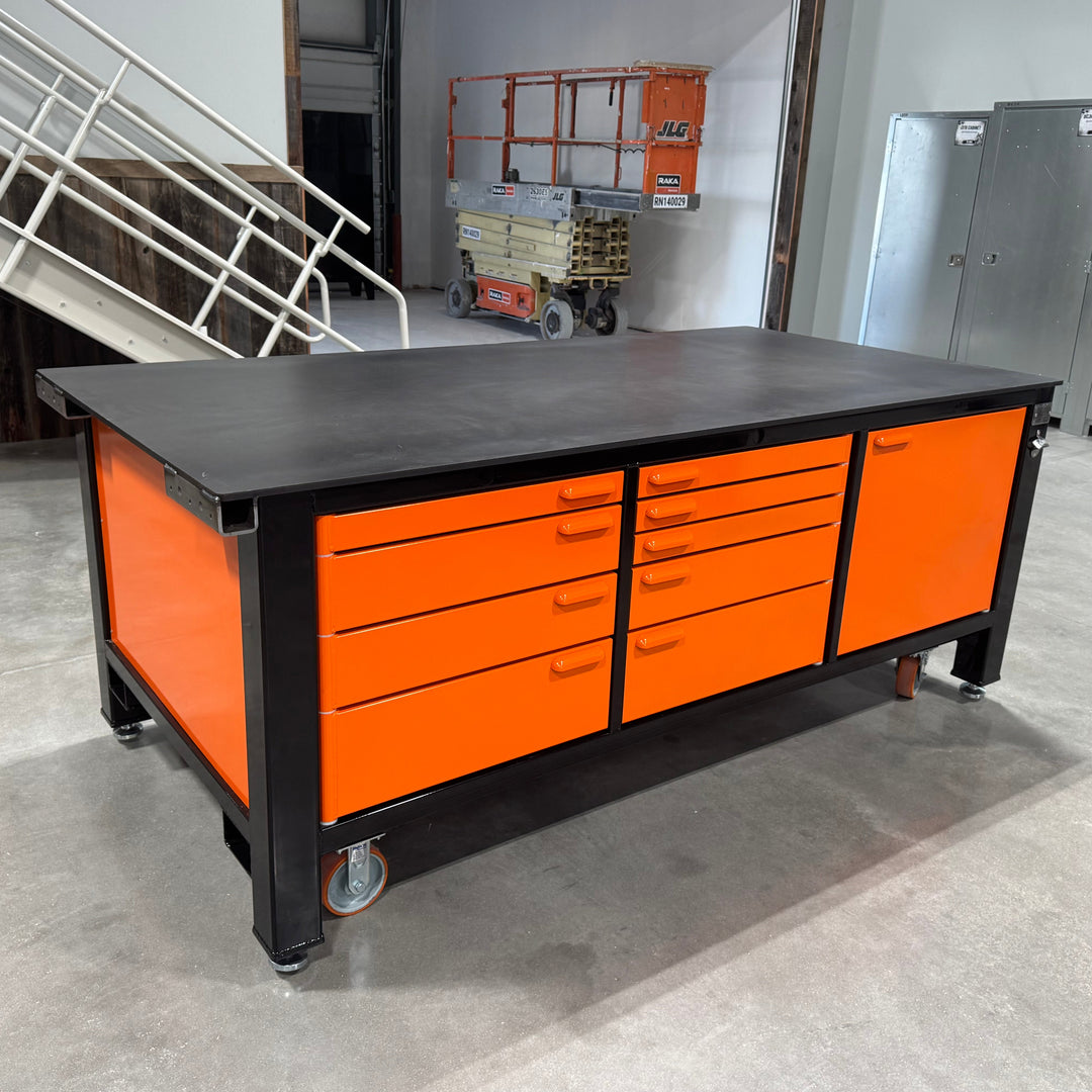 SHIPS NOW! Floor Model 3 Bay Double Wide Orange and Black Workbench