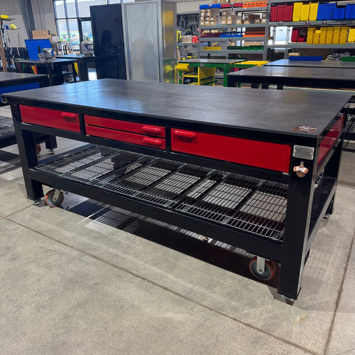 FLOOR MODEL: 3 Bay SD Double Wide Workbench - Black and Red