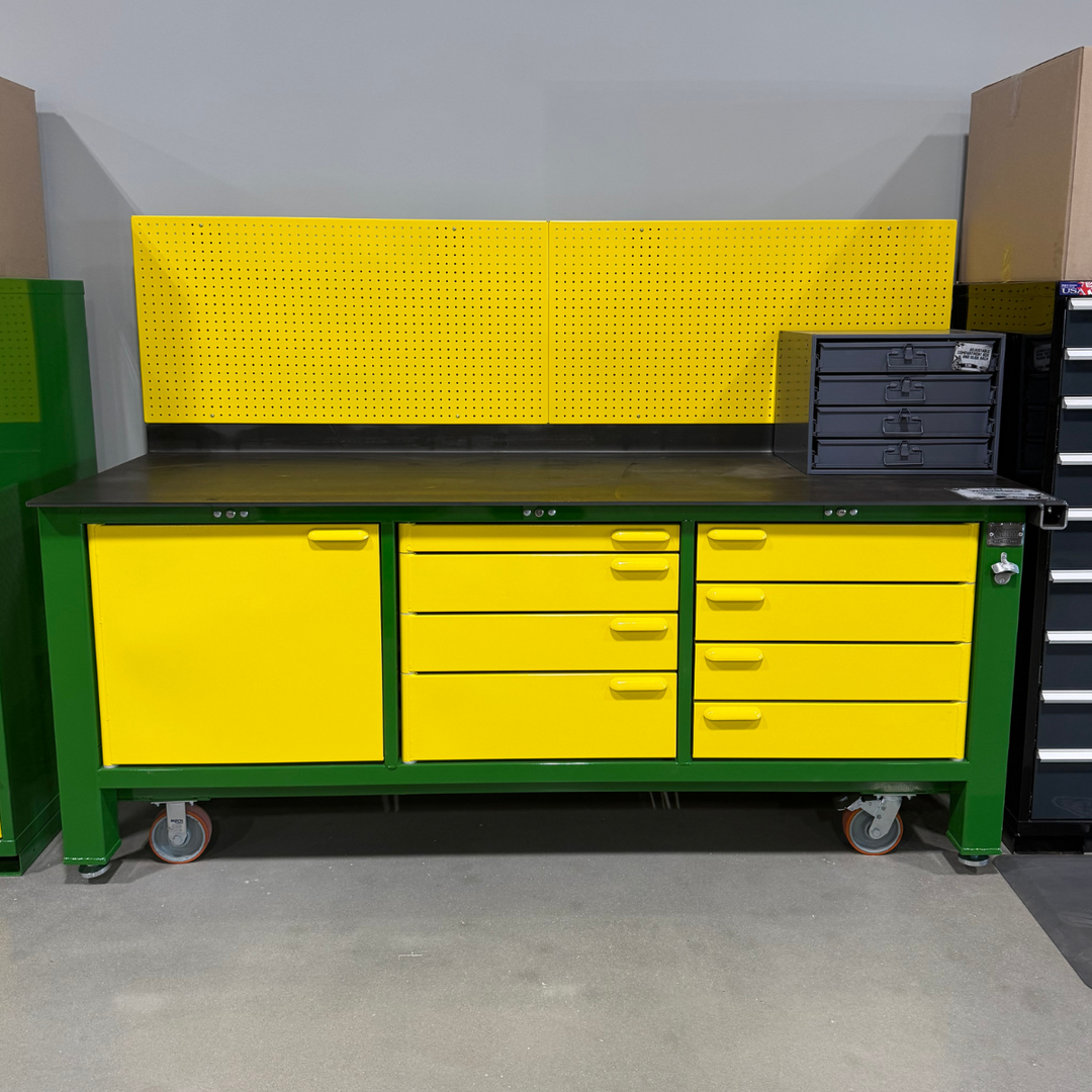 FLOOR MODEL: Green & Yellow 3 Bay Workbench