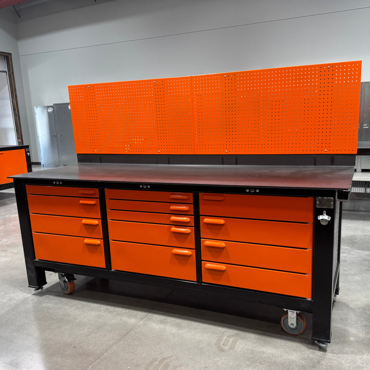 FLOOR MODEL: 3 Bay Orange and Black Workbench with Pegboard