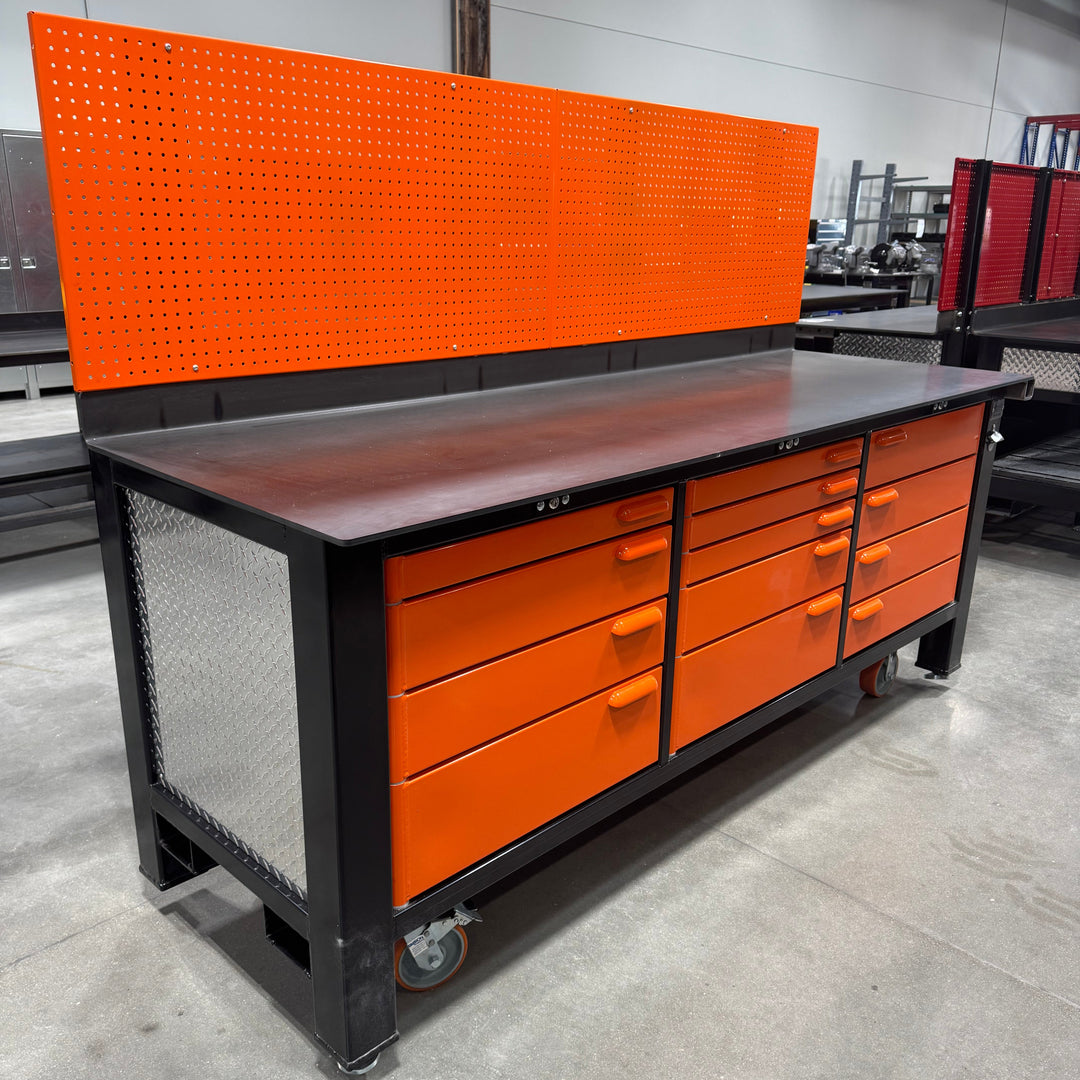 FLOOR MODEL: 3 Bay Orange and Black Workbench with Pegboard