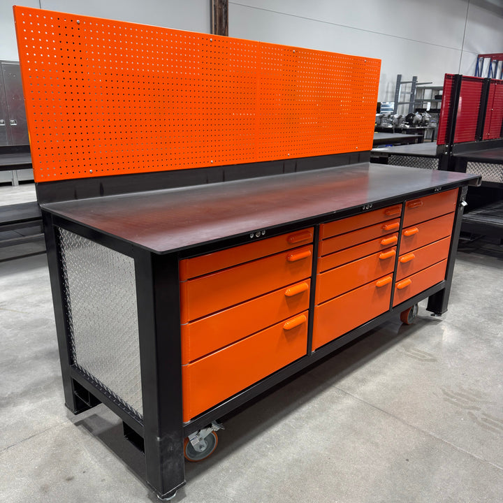 FLOOR MODEL: 3 Bay Orange and Black Workbench with Pegboard