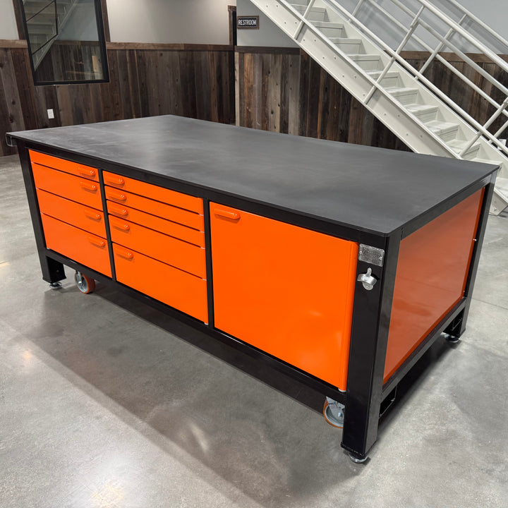 FLOOR MODEL: 3 Bay Double Wide Orange and Black Workbench