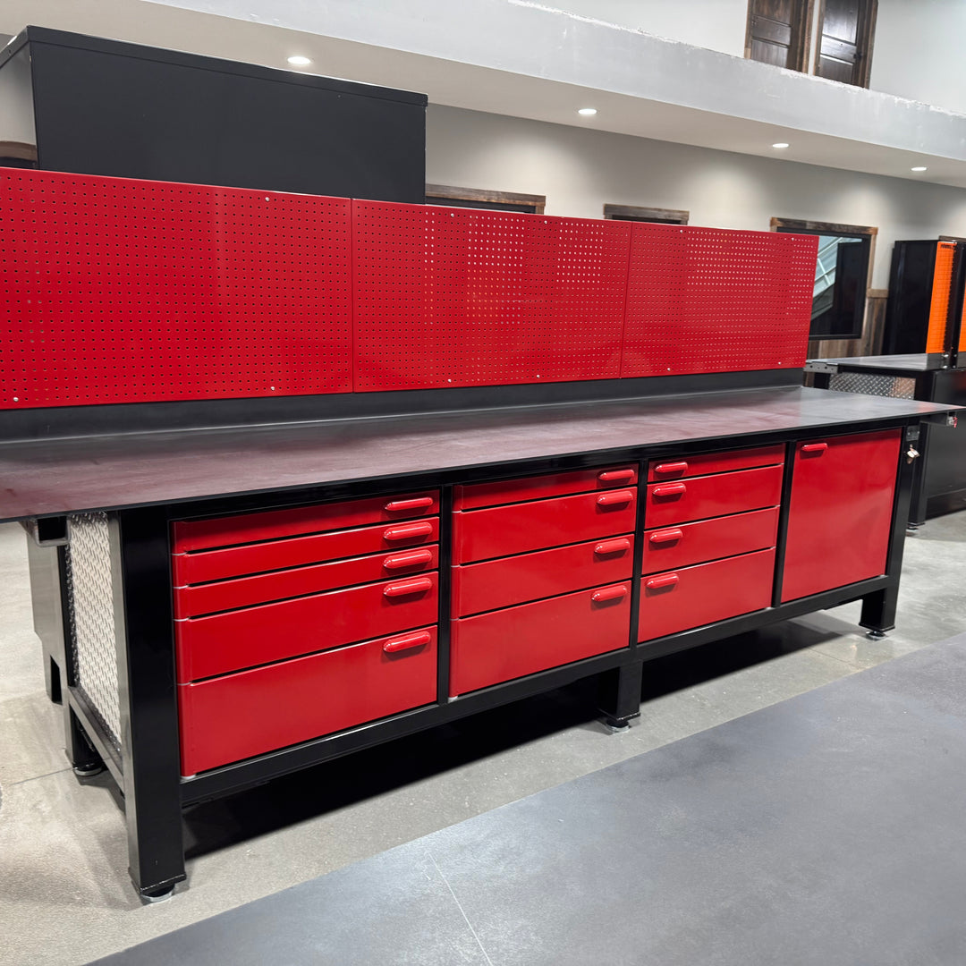 FLOOR MODEL: 4 Bay Red and Black Workbench with Pegboard