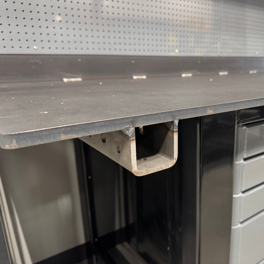 FLOOR MODEL: 4 Bay Gray and Black Workbench with Upper Shelf