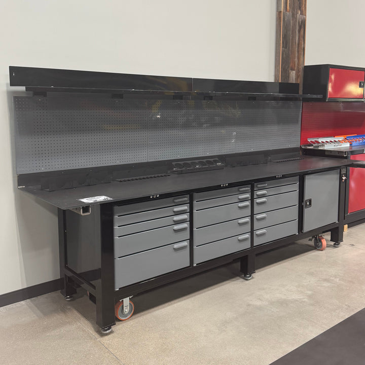 FLOOR MODEL: 4 Bay Gray and Black Workbench with Upper Shelf