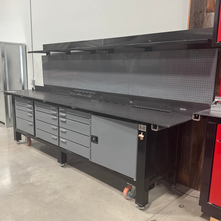 FLOOR MODEL: 4 Bay Gray and Black Workbench with Upper Shelf